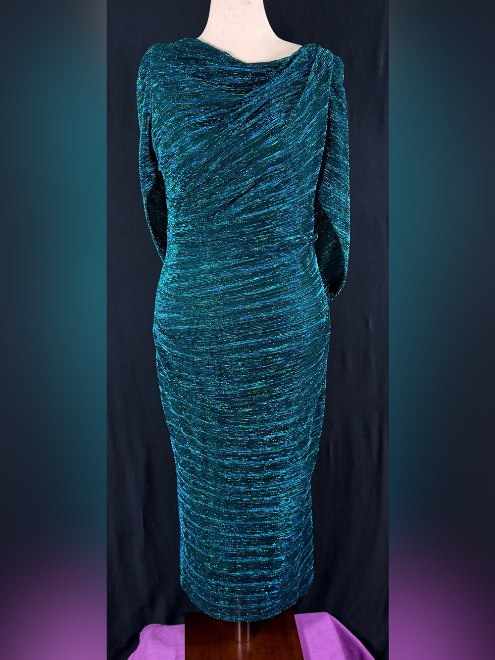 Betsy & Adam Marisa Crinkle Dress Teal Sparkle Ruched hip & shoulder Draped back